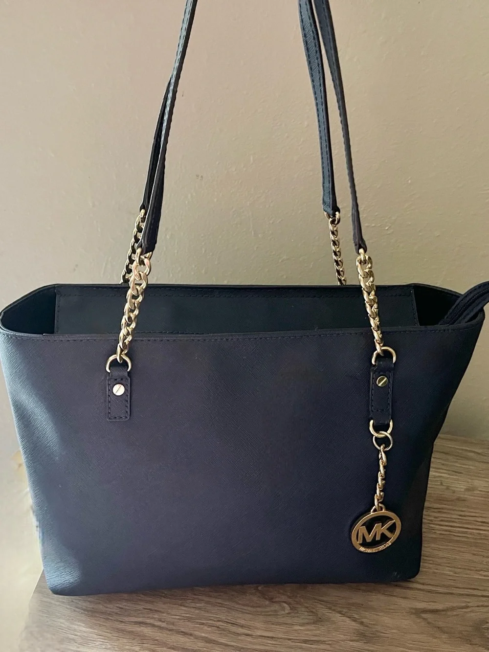 Michael Kors Navy Leather Tote with Gold Hardware and MK Charm